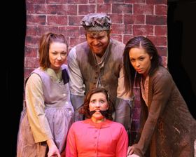 (clockwise from left) Johnna Kerres, Ian Sodawasser, Christiana Crosby, and Callen Brown in Urinetown: The Musical at Quad City Music Guild
